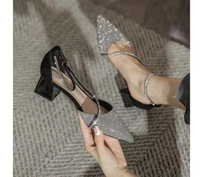 Heel Sandals Pointy Block Rhinestone Main Image