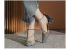 Heel Sandals Pointy Block Rhinestone