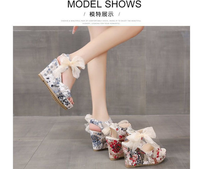 Wedge Floral Bow Platform Heel Sandals Main Image