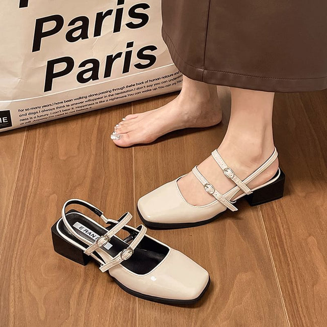Block Square-Toe Slingback Sandals Heel Buckled Main Image