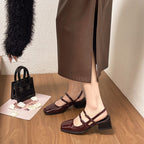 Block Square-Toe Slingback Sandals Heel Buckled