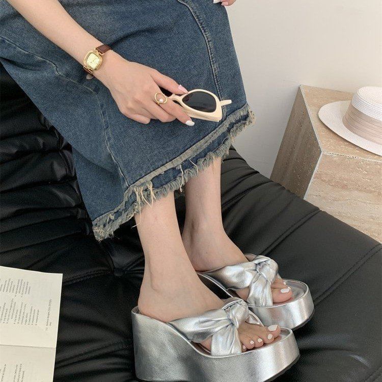 Sandals Heel Wedge Knot Slide Platform