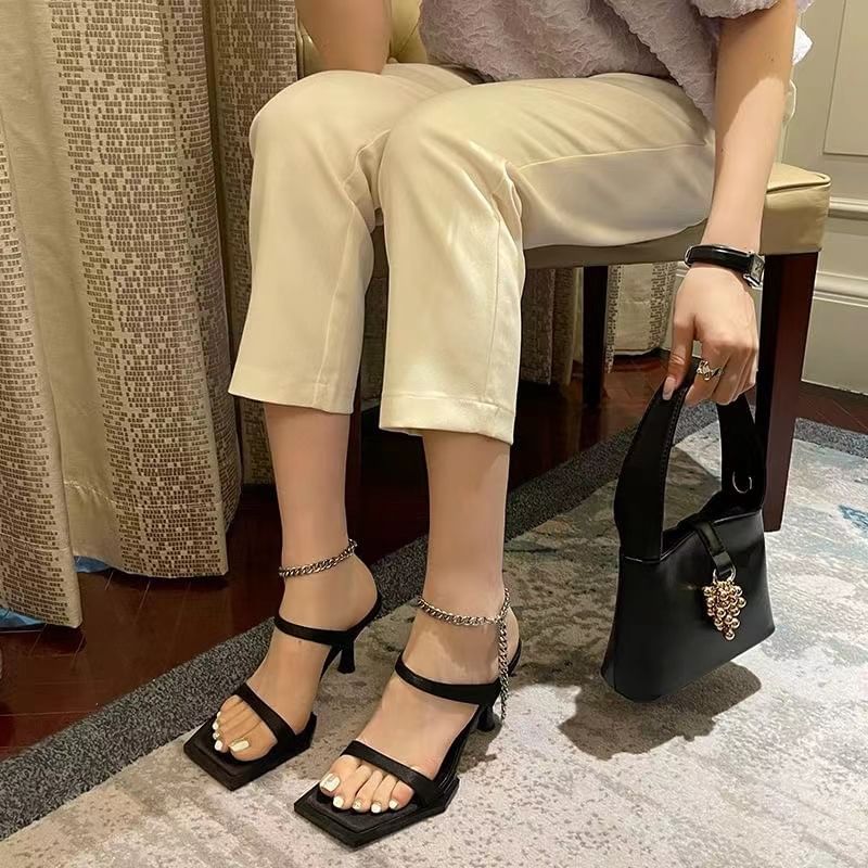 Square Toe High Heel Sandals / Alloy Anklet / Set