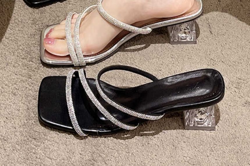 Rhinestone Strappy Chunky Heel Slide Sandals