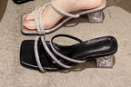 Rhinestone Strappy Chunky Heel Slide Sandals