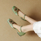 Square Toe Rhinestone Buckled D'Orsay Ankle Strap Sandals