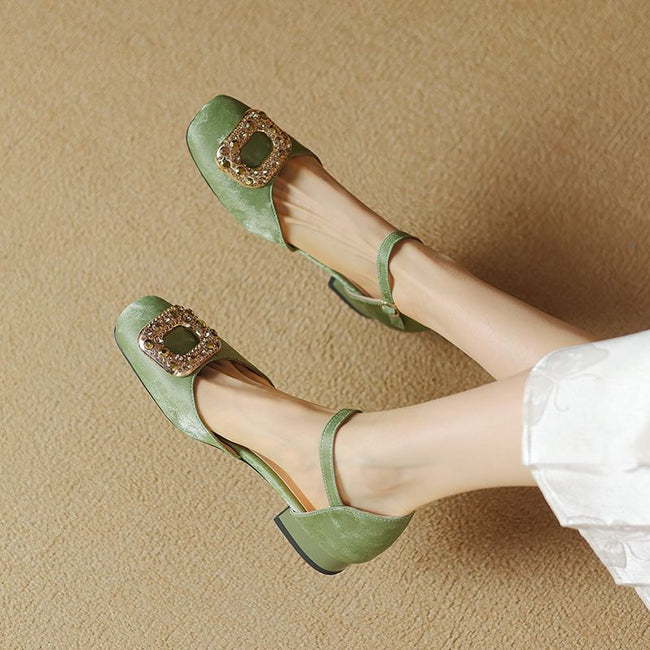 Square Toe Rhinestone Buckled D'Orsay Ankle Strap Sandals Main Image