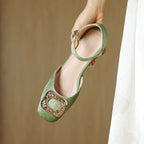 Square Toe Rhinestone Buckled D'Orsay Ankle Strap Sandals