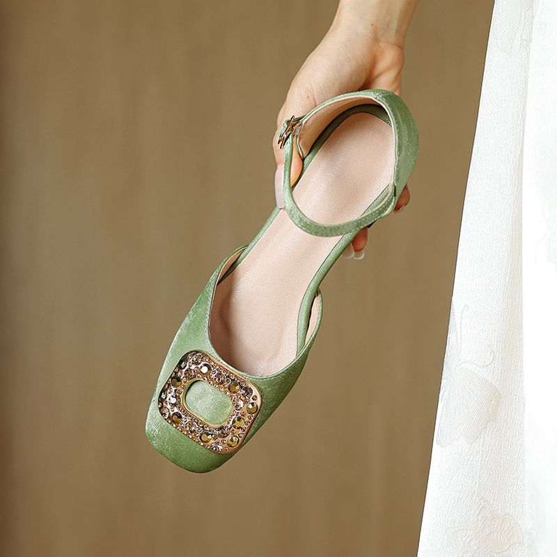 Square Toe Rhinestone Buckled D'Orsay Ankle Strap Sandals