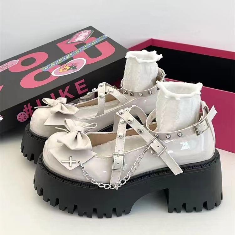 Bow Studded Cross Strap Platform Chunky Heel Mary Jane Pumps