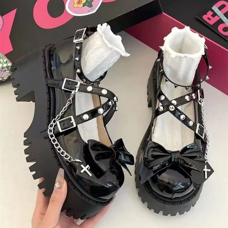 Bow Studded Cross Strap Platform Chunky Heel Mary Jane Pumps