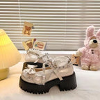 Bow Studded Cross Strap Platform Chunky Heel Mary Jane Pumps