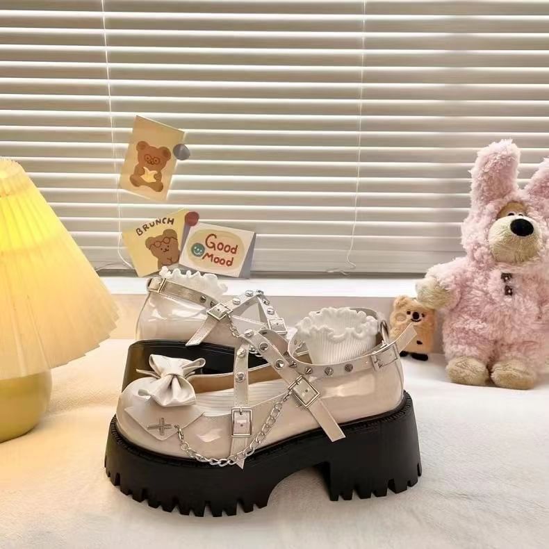 Bow Studded Cross Strap Platform Chunky Heel Mary Jane Pumps