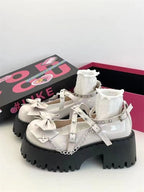 Bow Studded Cross Strap Platform Chunky Heel Mary Jane Pumps