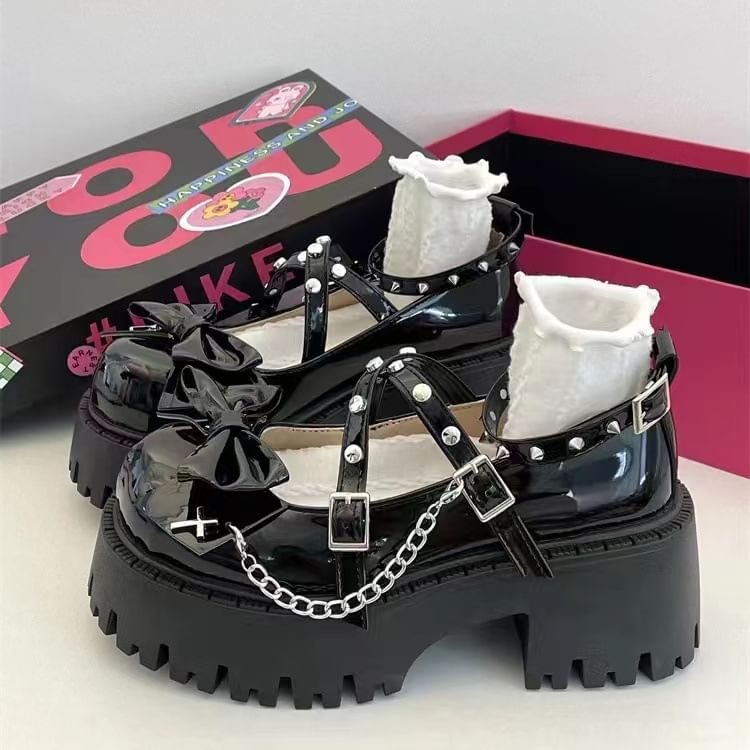 Bow Studded Cross Strap Platform Chunky Heel Mary Jane Pumps