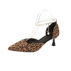 Pointed Leopard Print Ankle Strap Kitten Heel Sandals