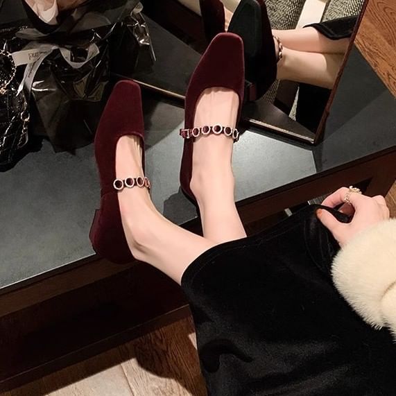Low Heel Rhinestone Accent Velvet Mary Jane Pumps Main Image