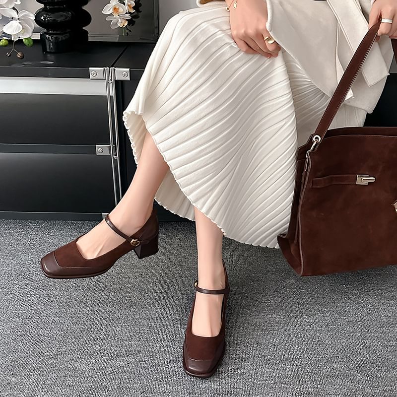 Chunky Heel Square Toe Plain Faux Leather Panel Mary Jane Pumps