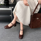 Chunky Heel Square Toe Plain Faux Leather Panel Mary Jane Pumps