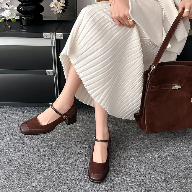Chunky Heel Square Toe Plain Faux Leather Panel Mary Jane Pumps Main Image