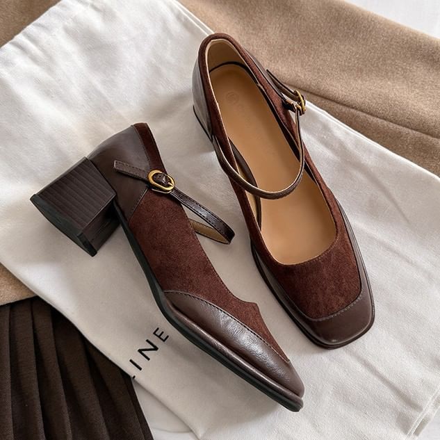 Chunky Heel Square Toe Plain Faux Leather Panel Mary Jane Pumps