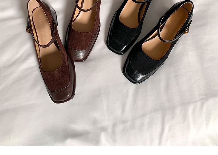 Chunky Heel Square Toe Plain Faux Leather Panel Mary Jane Pumps