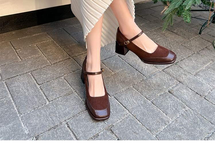Chunky Heel Square Toe Plain Faux Leather Panel Mary Jane Pumps