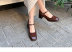 Chunky Heel Square Toe Plain Faux Leather Panel Mary Jane Pumps
