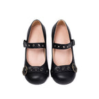 Chunky Heel Studded Buckled Faux Leather Mary Jane Pumps