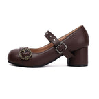 Chunky Heel Studded Buckled Faux Leather Mary Jane Pumps