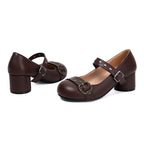 Chunky Heel Studded Buckled Faux Leather Mary Jane Pumps