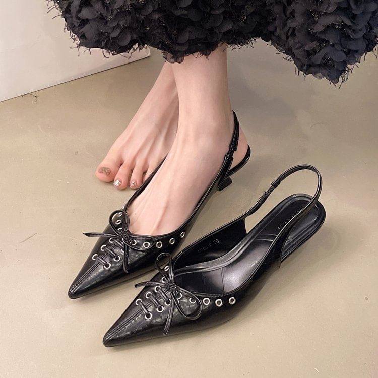 Slingback Pointed Kitten Heel Leather Sandals Toe Faux