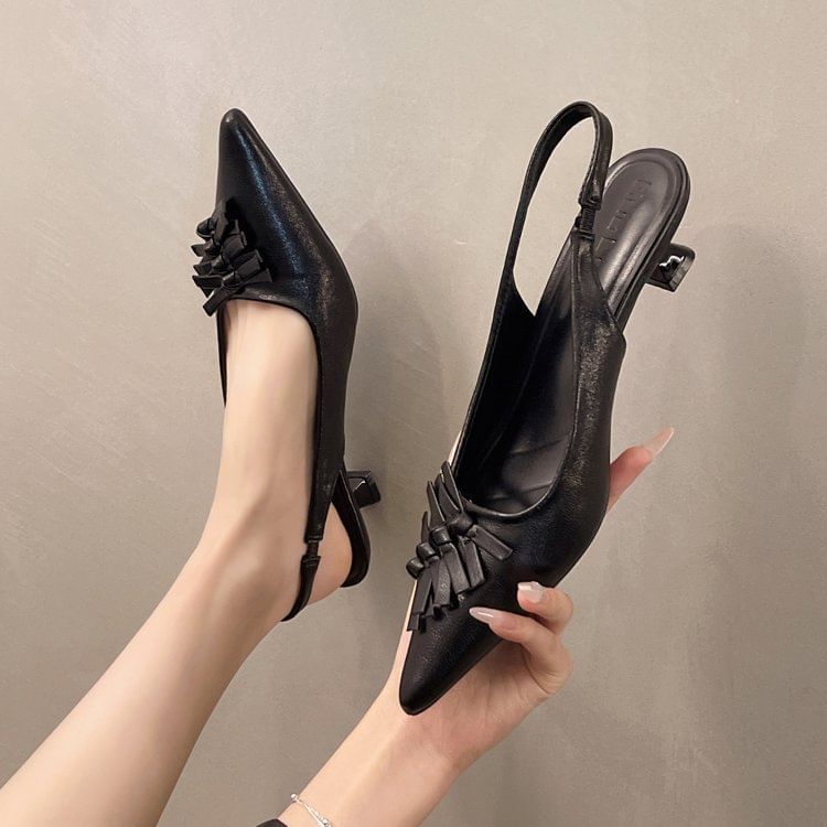 Slingback Pointed Kitten Heel Leather Sandals Toe Faux