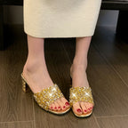 Chunky Heel Rhinestone Slide Sandals