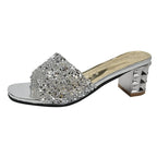 Chunky Heel Rhinestone Slide Sandals
