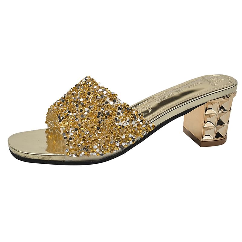 Chunky Heel Rhinestone Slide Sandals