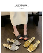 Chunky Heel Rhinestone Slide Sandals