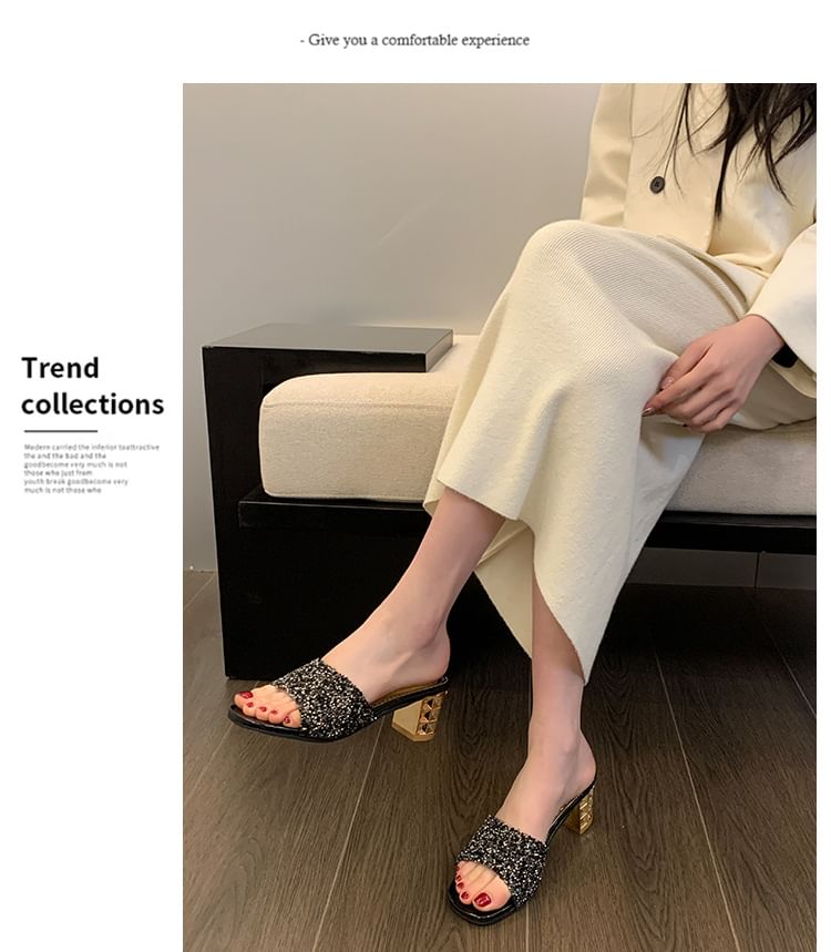 Chunky Heel Rhinestone Slide Sandals
