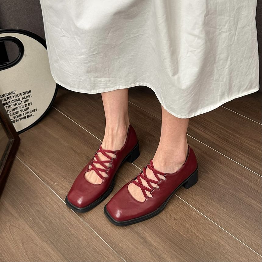 Chunky Heel Square Toe Plain Lace-Up Mary Jane Pumps