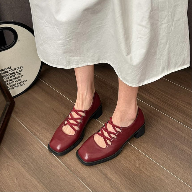 Chunky Heel Square Toe Plain Lace-Up Mary Jane Pumps Main Image