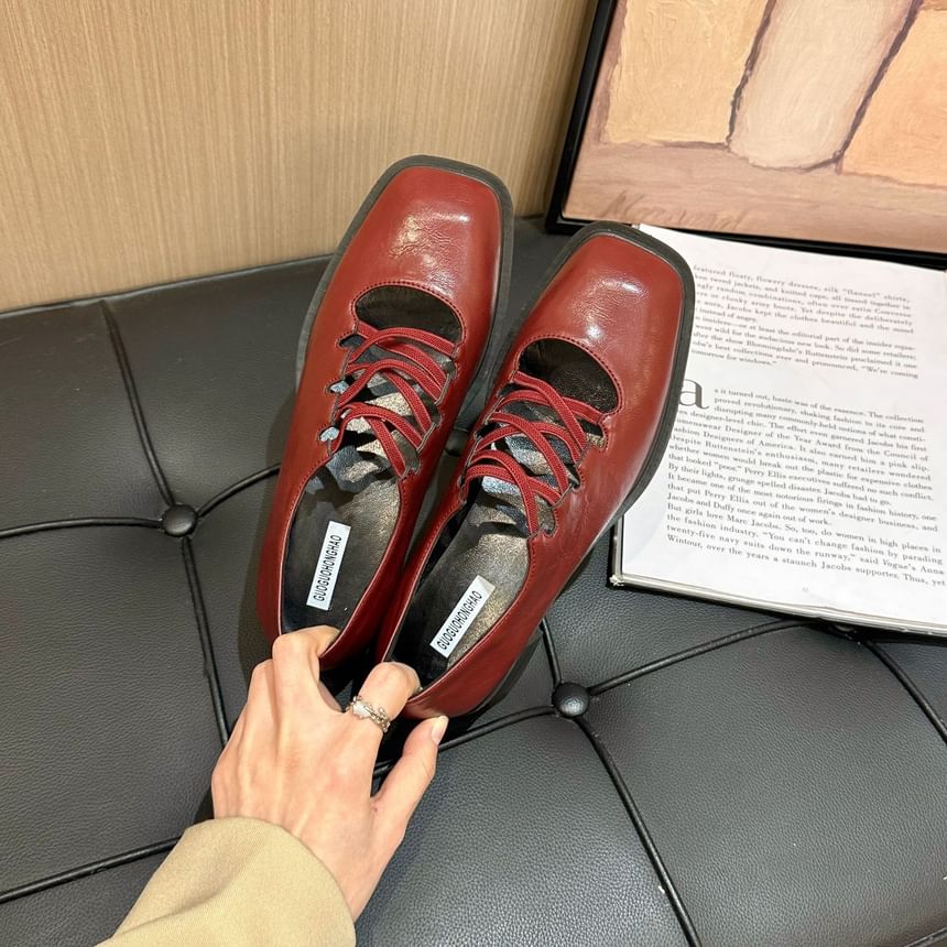 Chunky Heel Square Toe Plain Lace-Up Mary Jane Pumps
