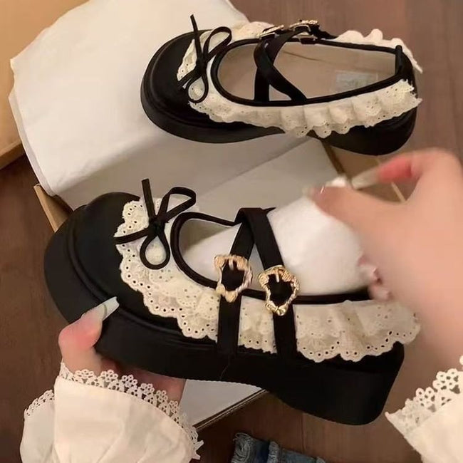 Platform Buckled Lace Ruffle Trim Mary Jane Shoes Main Image