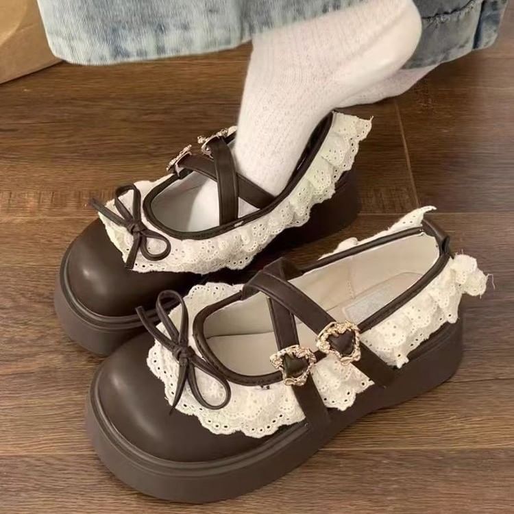 Platform Buckled Lace Ruffle Trim Mary Jane Shoes