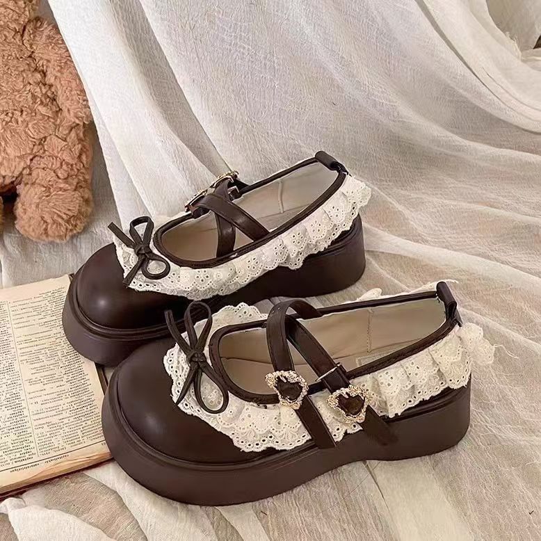 Platform Buckled Lace Ruffle Trim Mary Jane Shoes