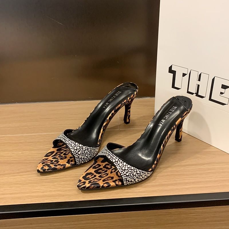 High Heel Pointy Rhinestone Slide Sandals