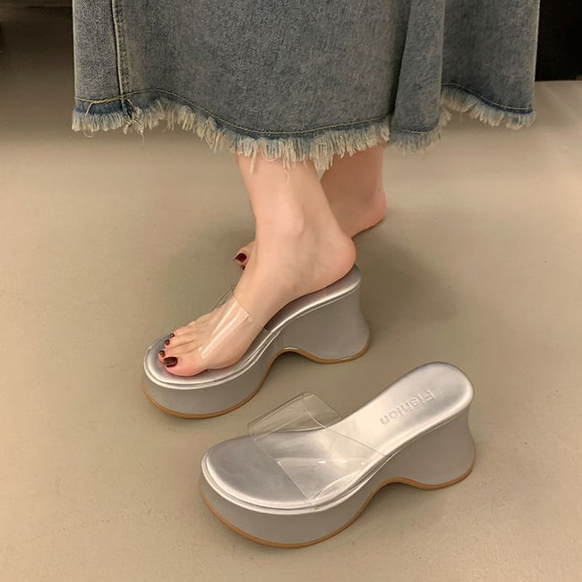 Platform Wedge PVC Sandals Heel Panel Slide Main Image