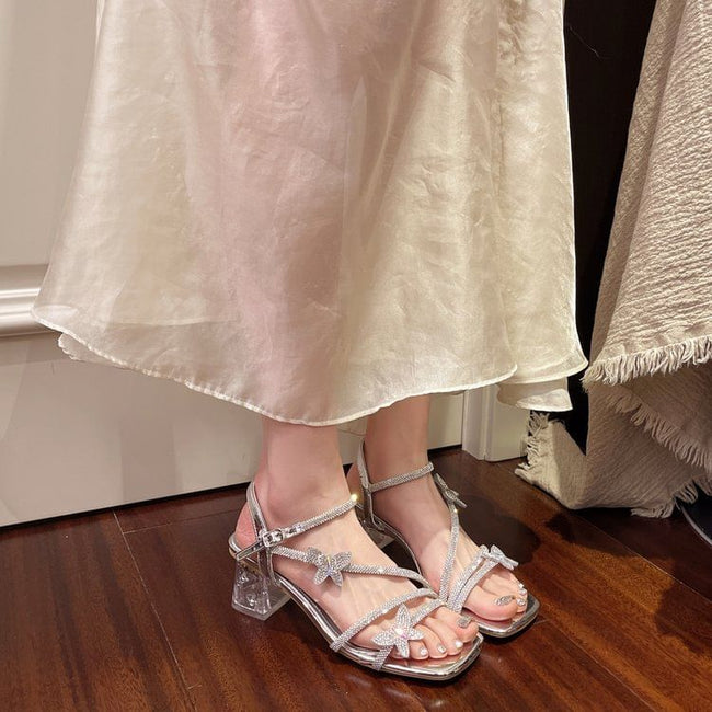 Toe Ankle Chunky Butterfly Strap Square Rhinestone Heel Sandals Main Image