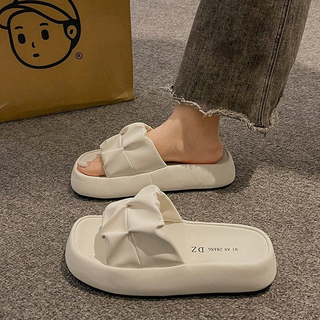 Plain Faux Platform Ruched Sandals Leather Slide Main Image