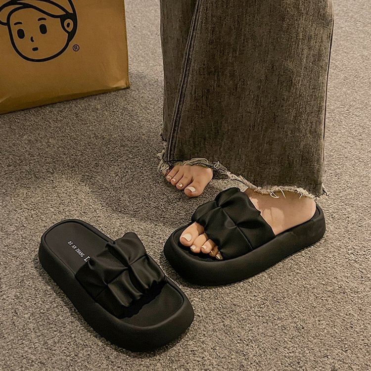 Plain Faux Platform Ruched Sandals Leather Slide