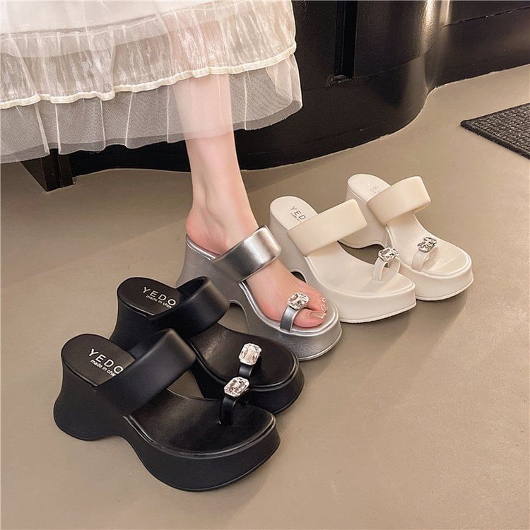 Platform Slide Heel Sandals Rhinestone Wedge Loop Toe